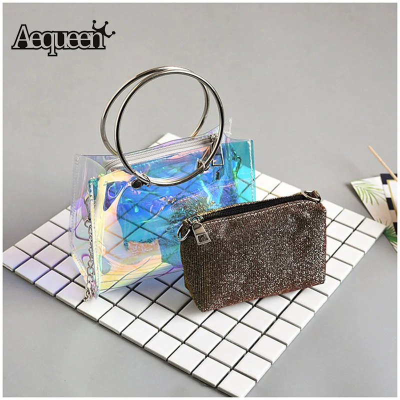 

AEQUEEN Clear Handbag Women Shoulder Bag Summer Hologram Laser Bags Ladies Totes Transparent PVC Crossbody Bag 2 pcs Bag/set