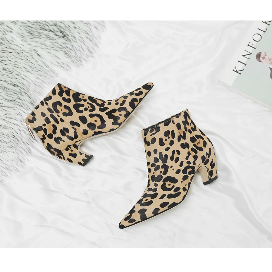 

Leopard Ankle Boots For Women Sexy Pointed Toe Horsehair Leather Back Zip Short Autumn Winter Plush Boots Low Heel Short