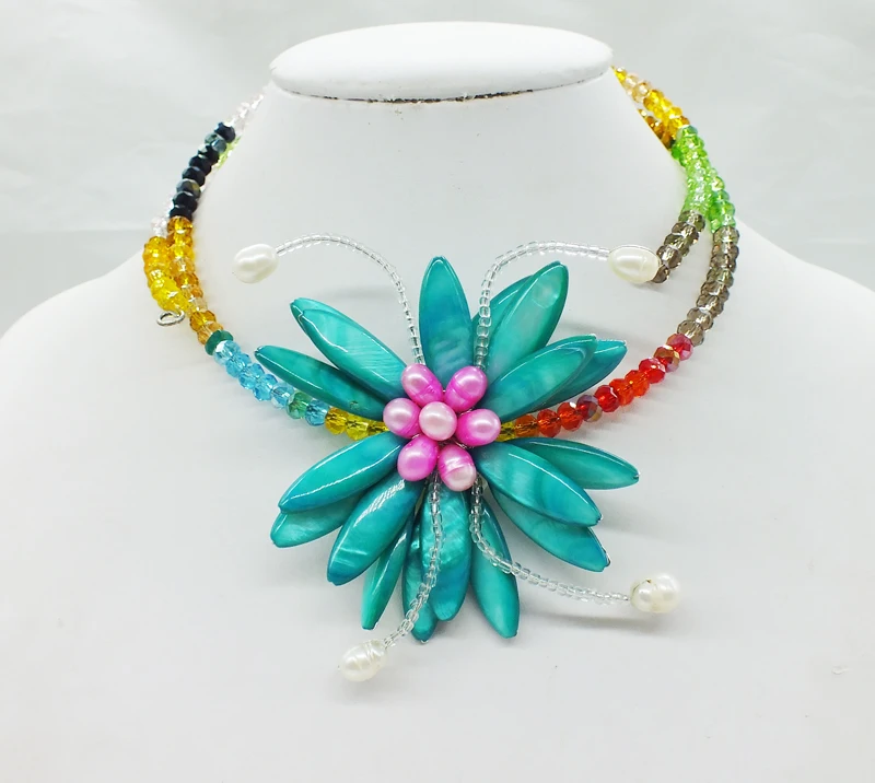 

blue shell FW pearl choker flower necklace