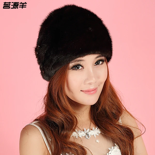Cheap Sheep quality mink full leather toe cap covering cap rhinestone winter women's fashion fur hat