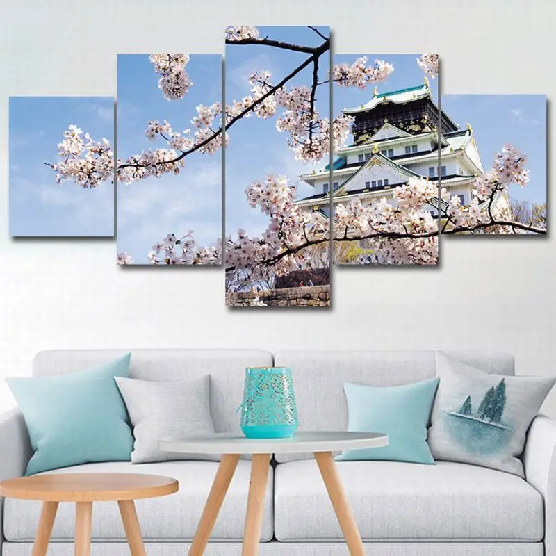 

5 Piece Wall Art pictures Canvas poster prints Oil Painting Romantic Japanese Nagoya Mount Fuji cherry blossom livingroom framed