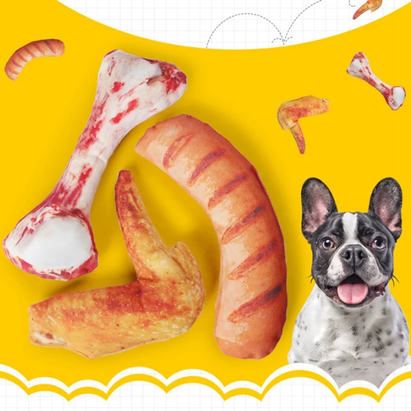 

Pet Dog Chew Toy Simulation Food Bone/Grilled Sausage/Grilled Chicken Wings Shape Canvas Bite Resistant Puppy Squeaky Toys