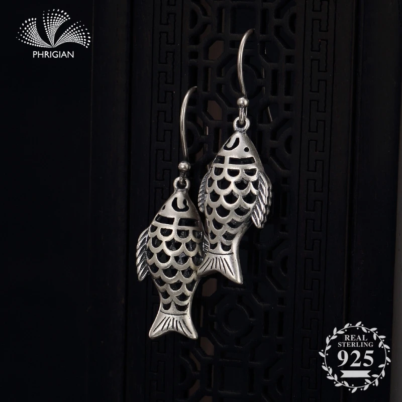 

NOT FAKE S925 Fine Jewelry Earrings Sterling Silver Women Antique store Vintage Nature Retro Exquisite fish cute hollow dangle