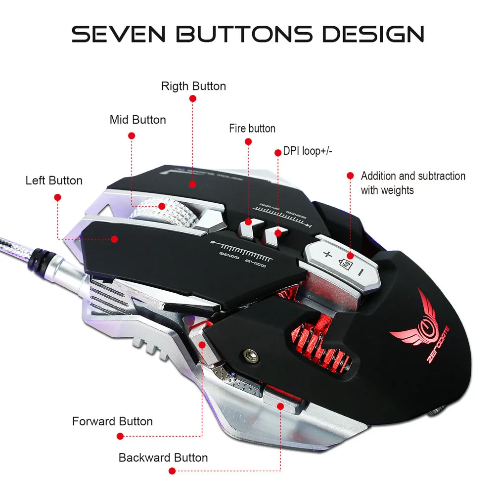 

Mechanical Gaming Mouse USB Wired 7 Buttons 4000DPI LED Backlight Optical Computer Mice for Gamer XJ66