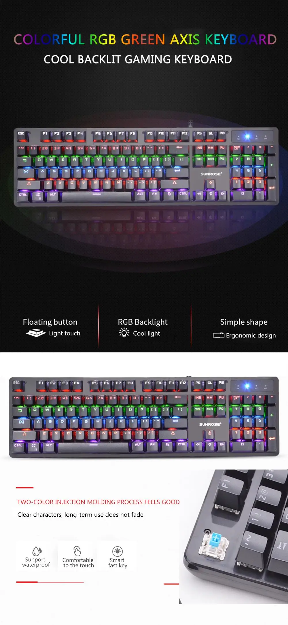 Игровая клавиатура Sunrose T600S механическая клавиатура русская английская синяя клавиатура Проводная игровая клавиатура с подсветкой для геймера
