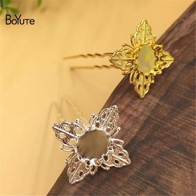 BoYuTe 10Pcs 10MM Cabochon Base Blank Tray Silver Gold 75MM Length U Shaped Hair Stick Kanzashi Hair Jewelry Accessories (4)