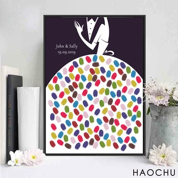 

Free Custom Name Date Wedding Dress Of couple Fingerprint Signature DIY Guest Book For Engagement Party And Ink Pad Included