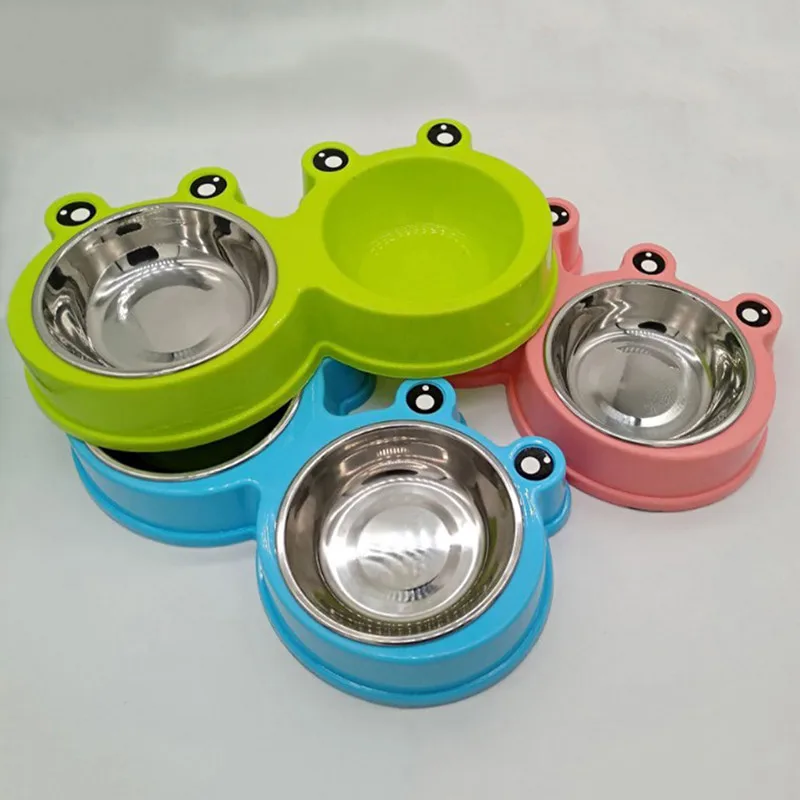 

Thicken Non-slip Stainless Steel Pet Cat Puppy Travel Feeding Feeder Double Food Bowl Water Dish Cute Frog Pet Feeding Bowl