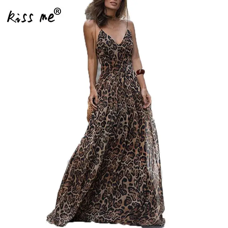 

Chiffon Slip Sling Beach Long Dress Large Hem Dress Deep V Beach Maxi Dress Backless Vintage Beach Suit Leopard Summer Holiday