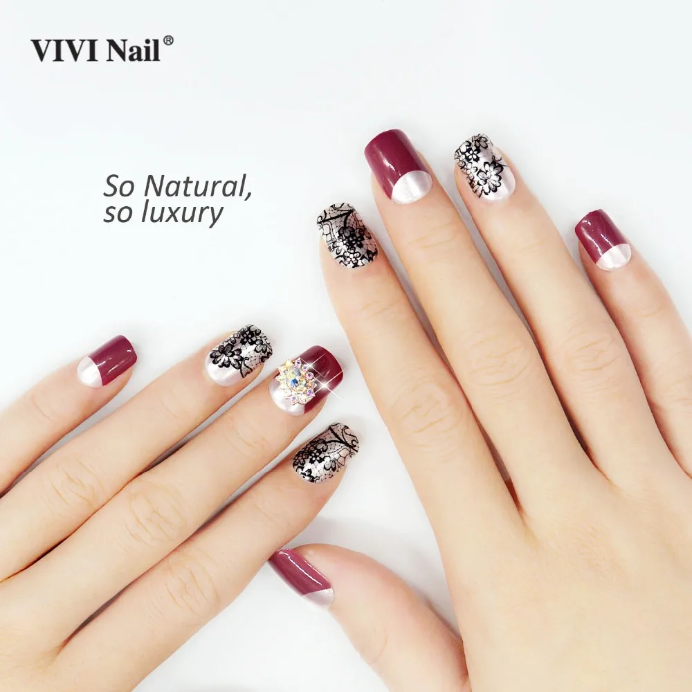 

24PCS Red False Nails in Box Lace Black Fake Nail Tips Artificial ABS DIY Women Nail Art