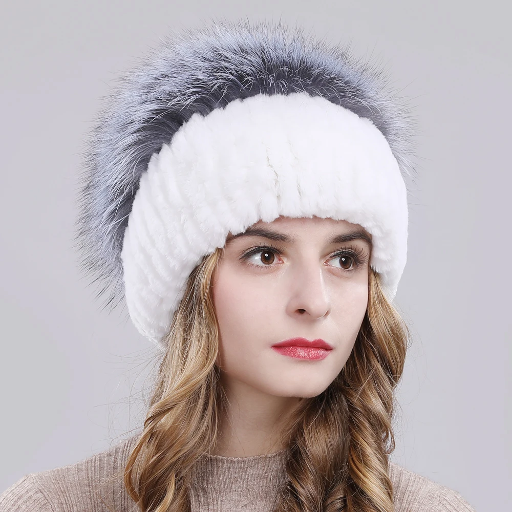 Outdoor Women Warm Soft Genuine Rex Rabbit Fur Hat Knitted Natural Real Sliver Fox Fur Caps Winter Real Rabbit Fur Beanies Hats