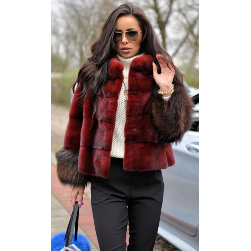 FURSARCAR Casual Solid Wind Red Mink Fur Coat Women New Luxury Fashion