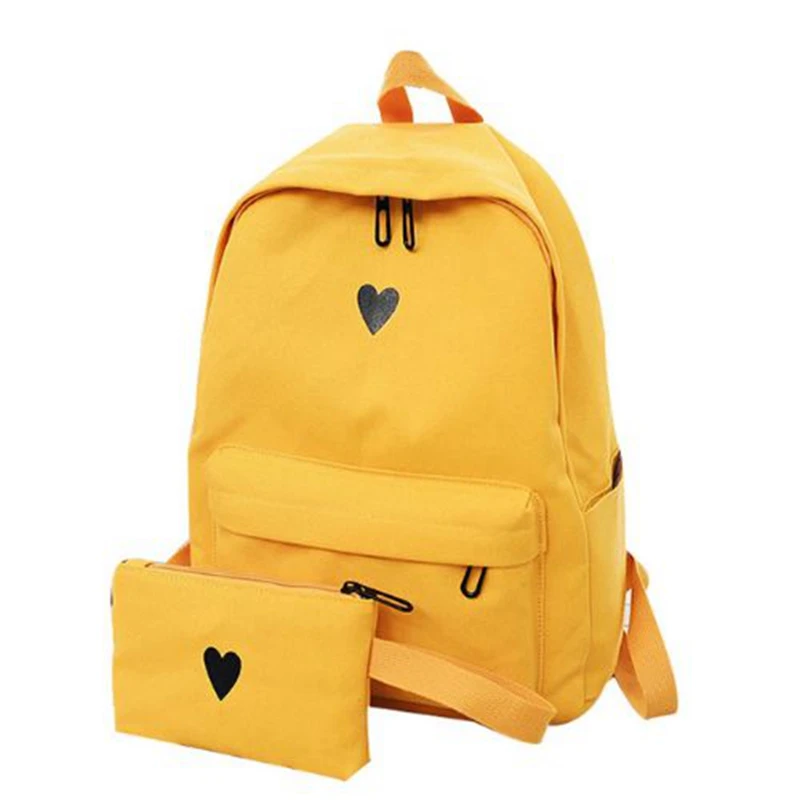 

New High Quality Canvas Printed Heart Yellow Backpack Korean Preppy Style Students Travel Bag Girls School Bag Laptop Backpacks
