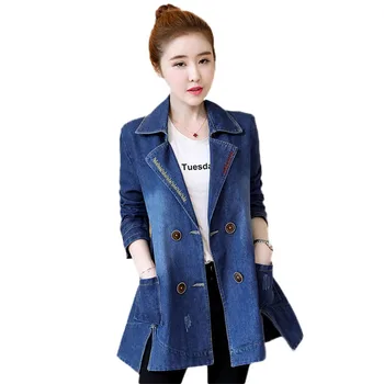 

Spring Trench coat Women 2019 Mediun long Denim Outerwear Loose Large size Windbreaker Double-breasted Slim Ladies Coat JIA179