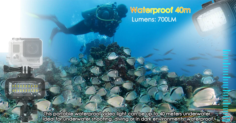Светодиодный 40 м подводный Водонепроницаемый светильник светодиодный led для gopro мощности с регулируемой яркостью виде