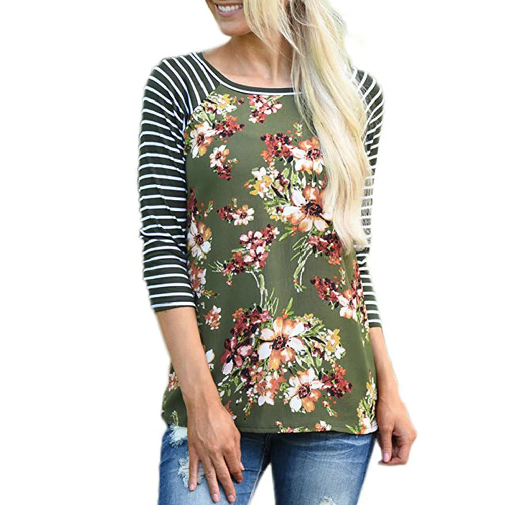 

Autumn Ladies Floral Printing tShirts Women Fashion Striped Patchwork Tee Tops Women's Long Sleeve Casual T-Shirt Girls #YL