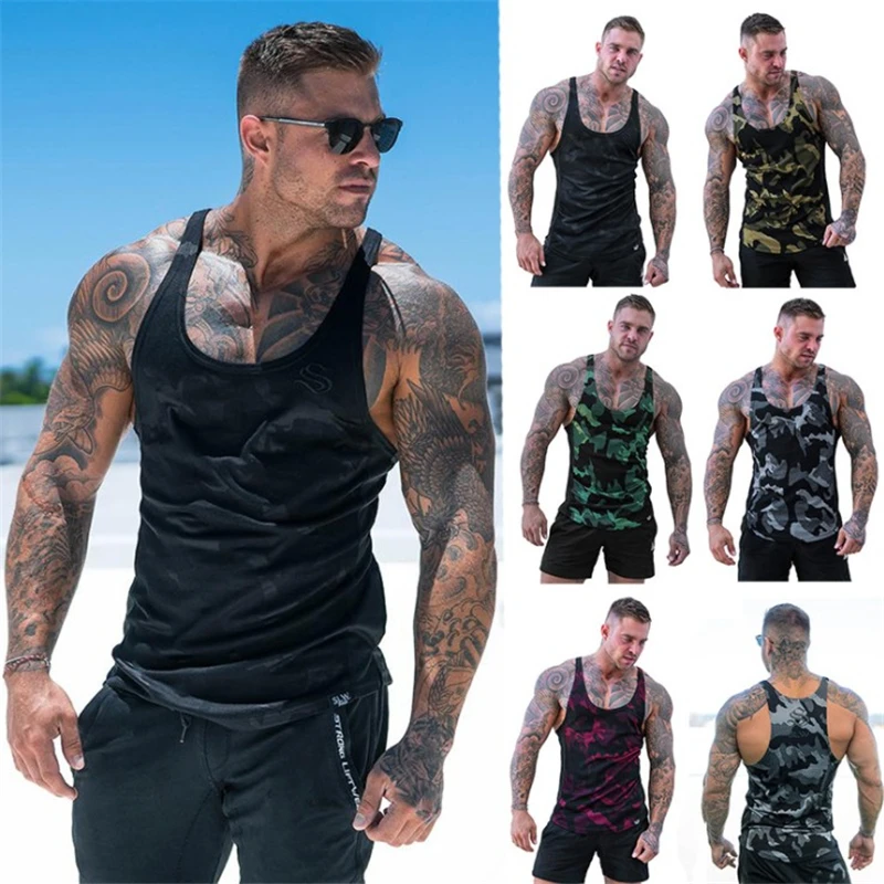 

Men Tank top gyms clothing Summer 2019 Camouflage Open-Forked Printed Sports Quick-drying breathable Male Vest Plus Size