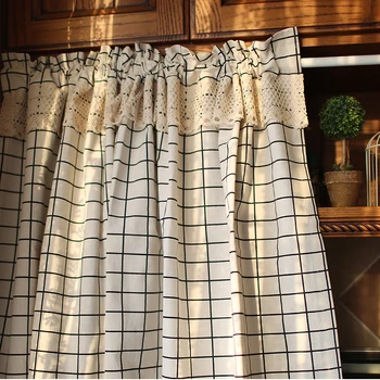 

European and American Cotton and Linen Short Curtain Black Line Lattice Curtain Kitchen Half Curtain Dropshipping