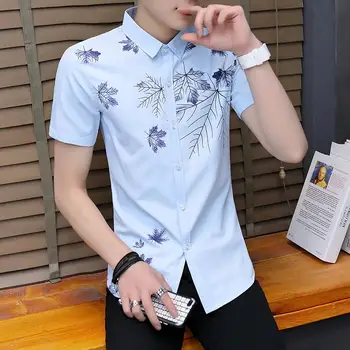 

Casual Shirt Men Floral Flowers Print Slim Blouse Mens dress Shirts Short-sleeved Fashion White Blue
