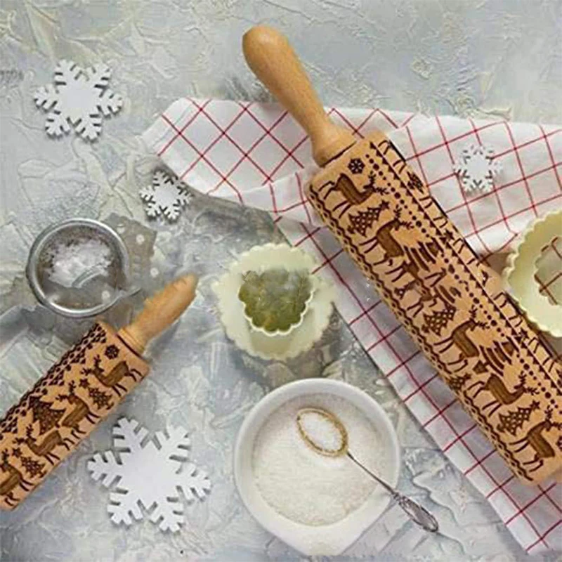 

35/43CM Christmas Embossing Rolling Pin Baking Cookies Noodle Biscuit Fondant Cake Dough Engraved Roller Reindeer Snowflake