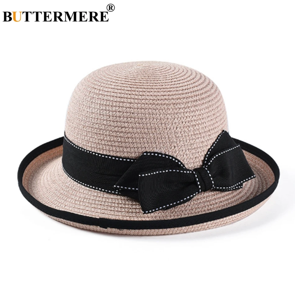 

BUTTERMERE Straw Women Hat Pink Beach Sun Hats Female Elegant Bowknot Spring Summer Ladies Vacation Cute Anti-uv Hats And Caps