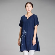 Для женщин летние свободные длинные белье футболка плюс Размеры китайский стиль бамбук ручная роспись v-образным вырезом футболки 4 вида цветов Большие размеры Топы XXXXXL