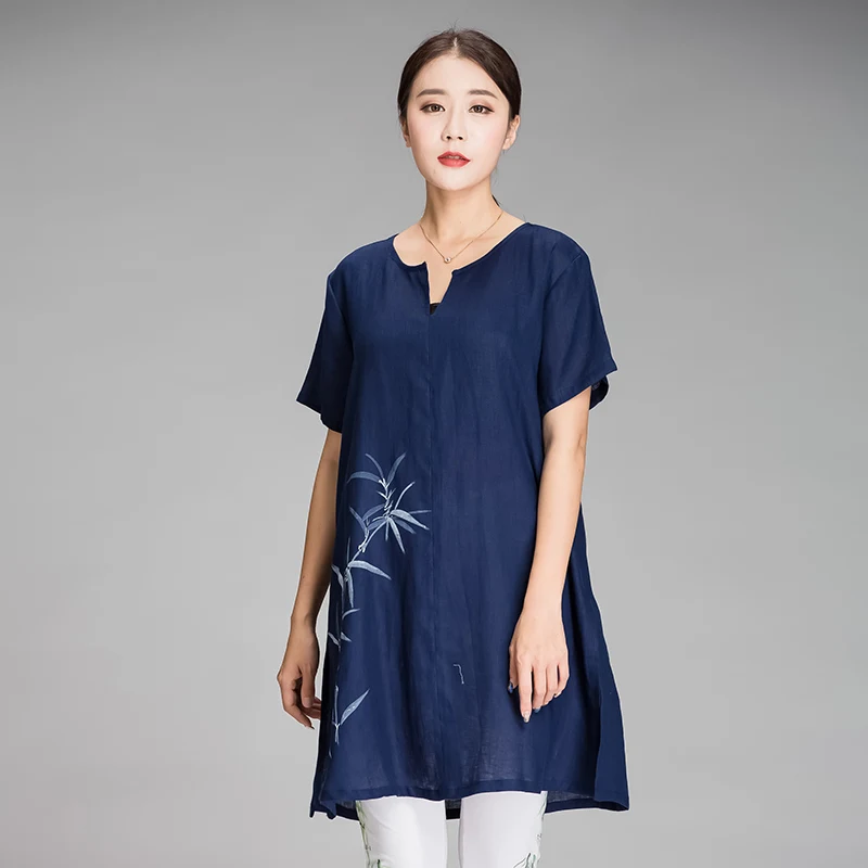 

2017 Women Summer Loose long Linen T shirt Plus Size Chinese style bamboo Hand Painted V-Neck tees 4 colors big size tops XXXXXL