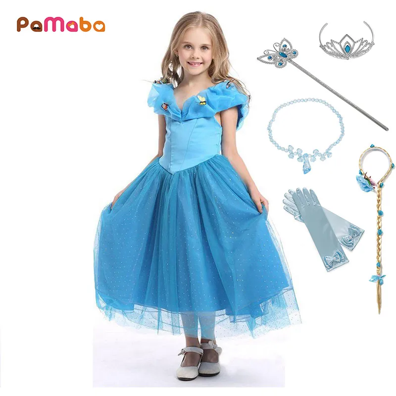 

PaMaBa Butterfly Design Girls Cinderella Princess Dress Clothes Kids Birthday Party Halloween Cosplay Dress up Puffy V-Neck Robe