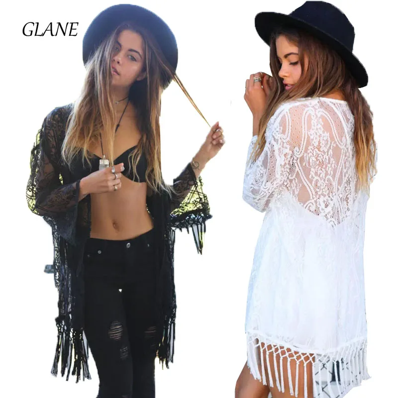 

New Chiffon Beach Lace Cover Up Long Tassel Beach Cardigan Feminino Swimsuit Solid bikini Cover Ups Pareo Tunic White Black