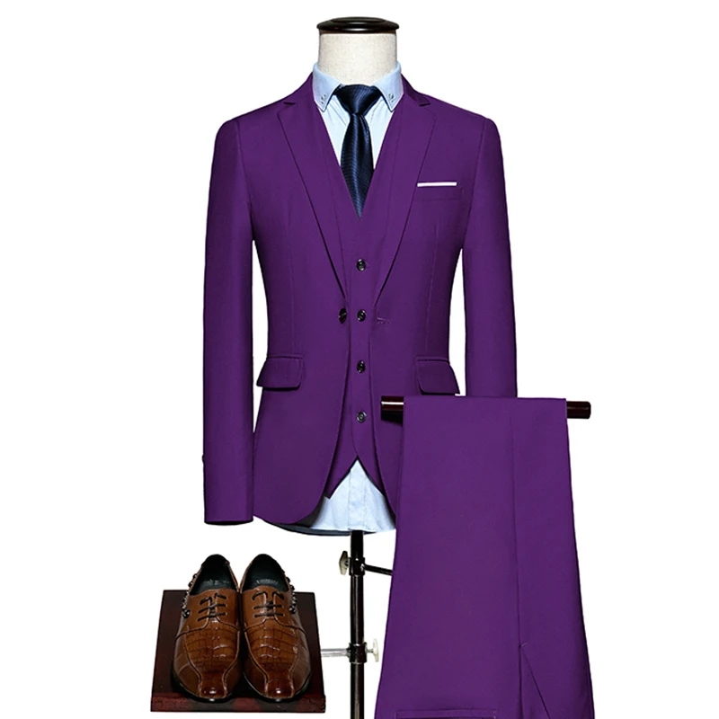 Мужские костюмы, приталенный комплект из 3 предметов(пиджак+ брюки+ жилет), деловые костюмы, смокинги для жениха на свадебную вечеринку, новая мужская официальная одежда - Цвет: purple