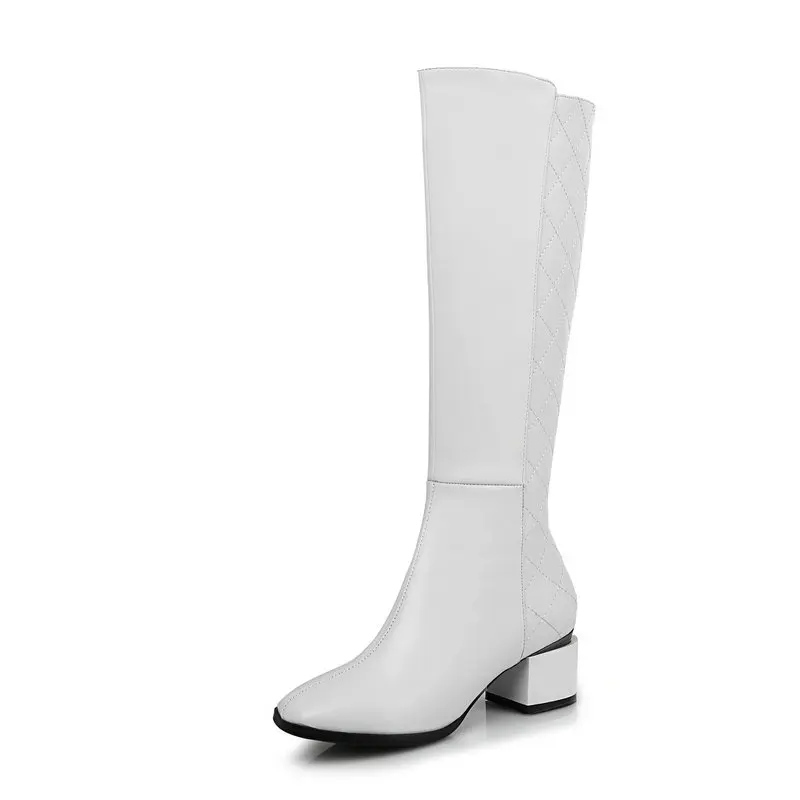 Salu/Сапоги до колена; женские сапоги до бедра из натуральной кожи на каблуке; Цвет Черный; сапоги осень-зима с круглым носком; женская обувь; Размеры 11, 12 - Цвет: Белый