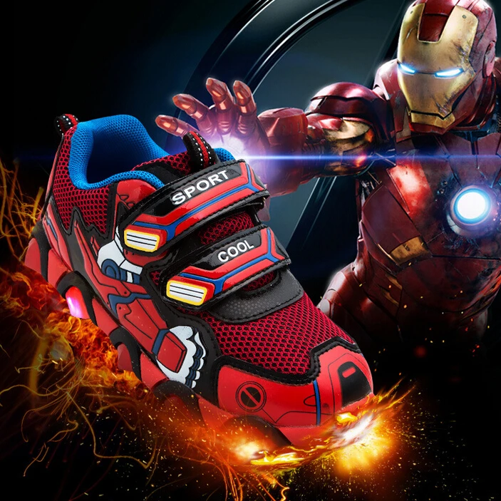 2015 New Children's Shoe Autumn Iron Man Spiderman Flasher Fashion