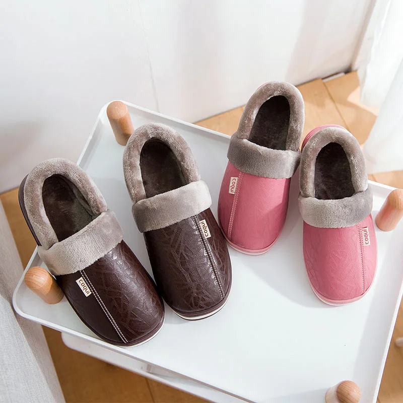 

Winter plush flat men slippers shoes Couples PU slippers women flats indoor shallow room shoes warm cotton chanclas pantufa