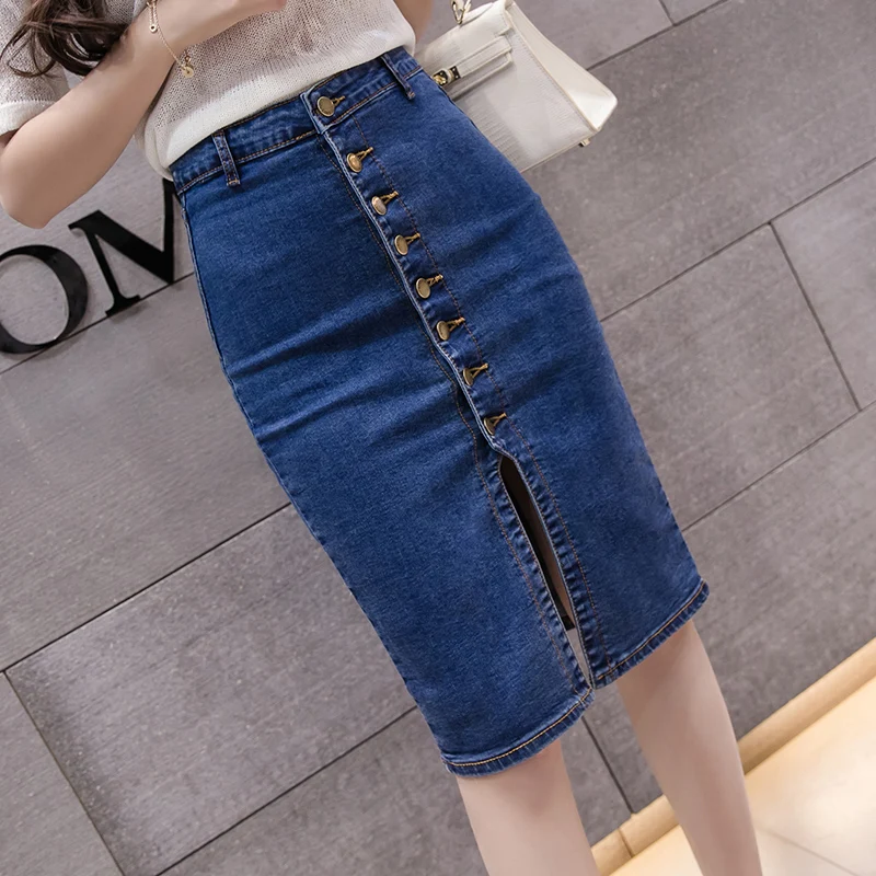Женская облегающая юбка карандаш синяя с высокой талией на лето 820 #|Юбки| |