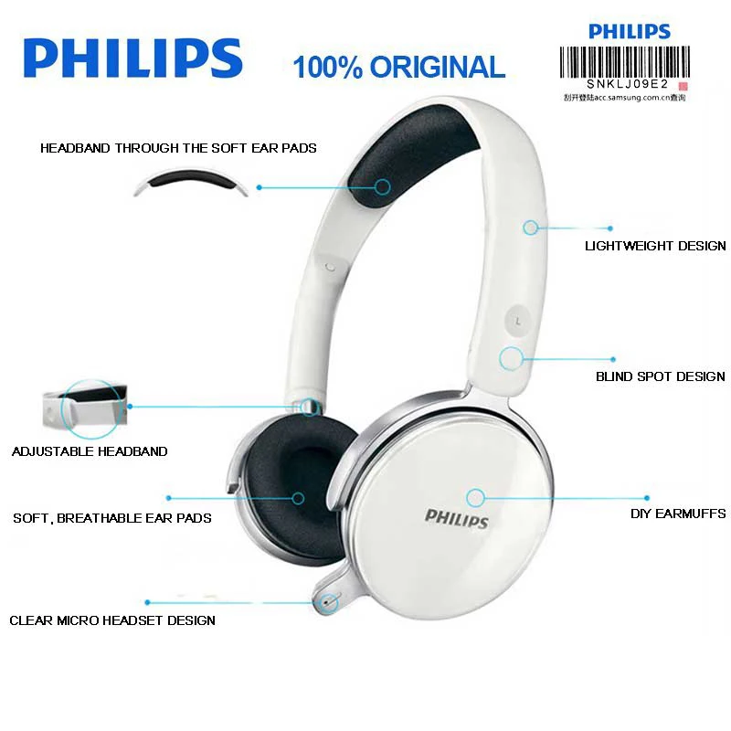 Оригинальные Наушники Philips SHM7110U с проводным управлением микрофоном стереозвуком