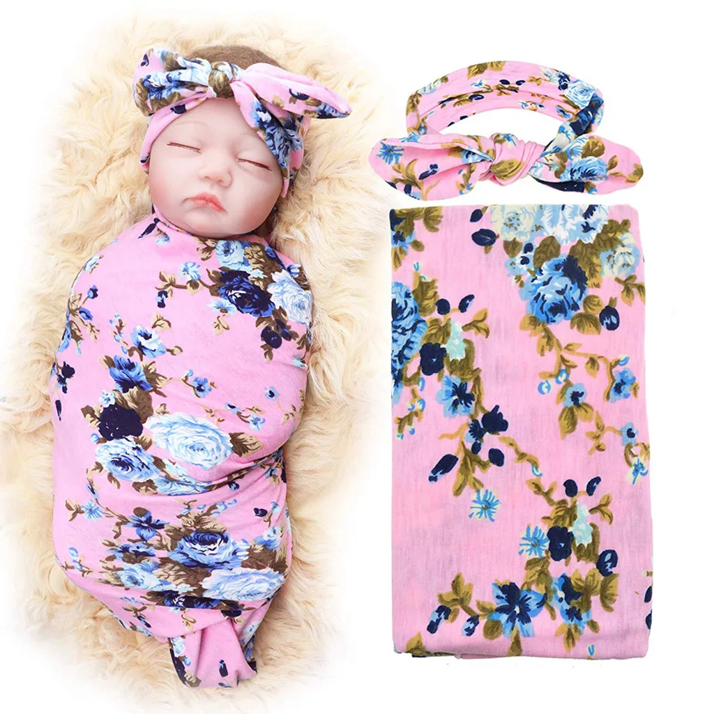 

Newborn Baby swaddles Receiving summer baby blanket Headband Floral Baby Shower Swaddle Gift muslin wrap cotton blanket baby