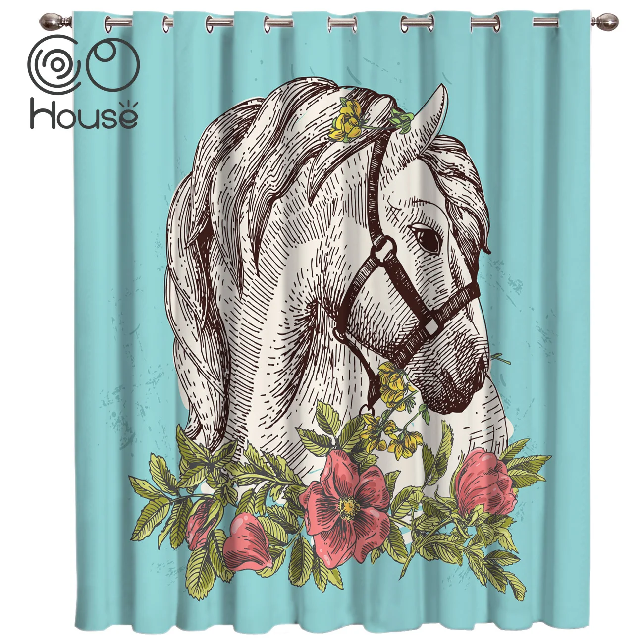 

Animal Bohemian Style White Horse Window Blinds Blackout Outdoor Indoor Drapes Print Decor Kids Window Treatment