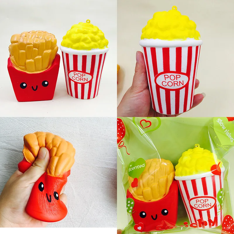 

squishies 2pcs squishy jumbo set kawaii fries popcorn slow rising with package charm squeeze toy straps kids gift Free Ship
