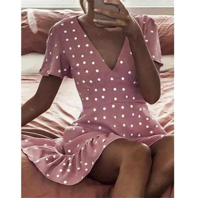 

Women Summer Boho Midi Dress Evening Dot Pink Party Beach Dresses Sundress Lot vestidos de verano elbise Women Dress Sexy 2019