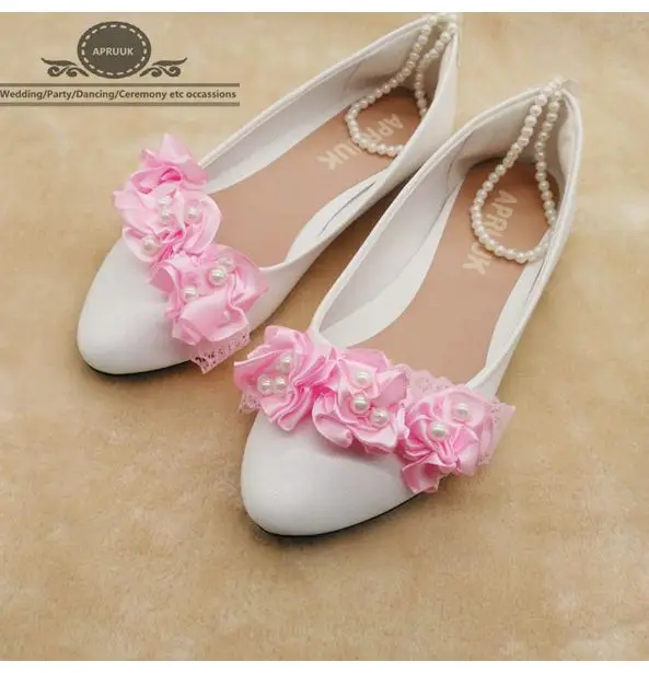 Flat Heel White Flats Shoes With Pink Pearls Flower Girl Ladies Party Flats Ankle Beading Straps