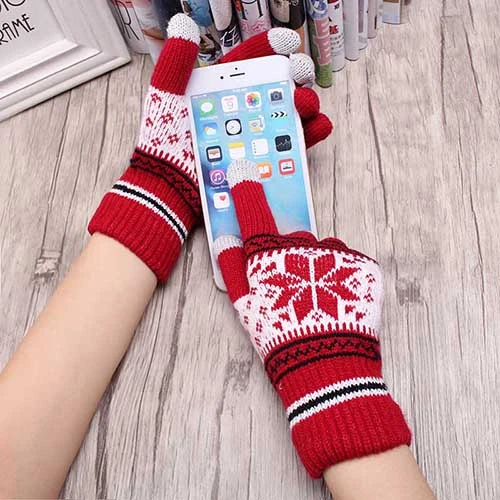 M MISM рождественские женские и мужские перчатки для экрана шерстяные вязаные наручные перчатки снежинка полный палец унисекс перчатки варежки для подарка - Цвет: red