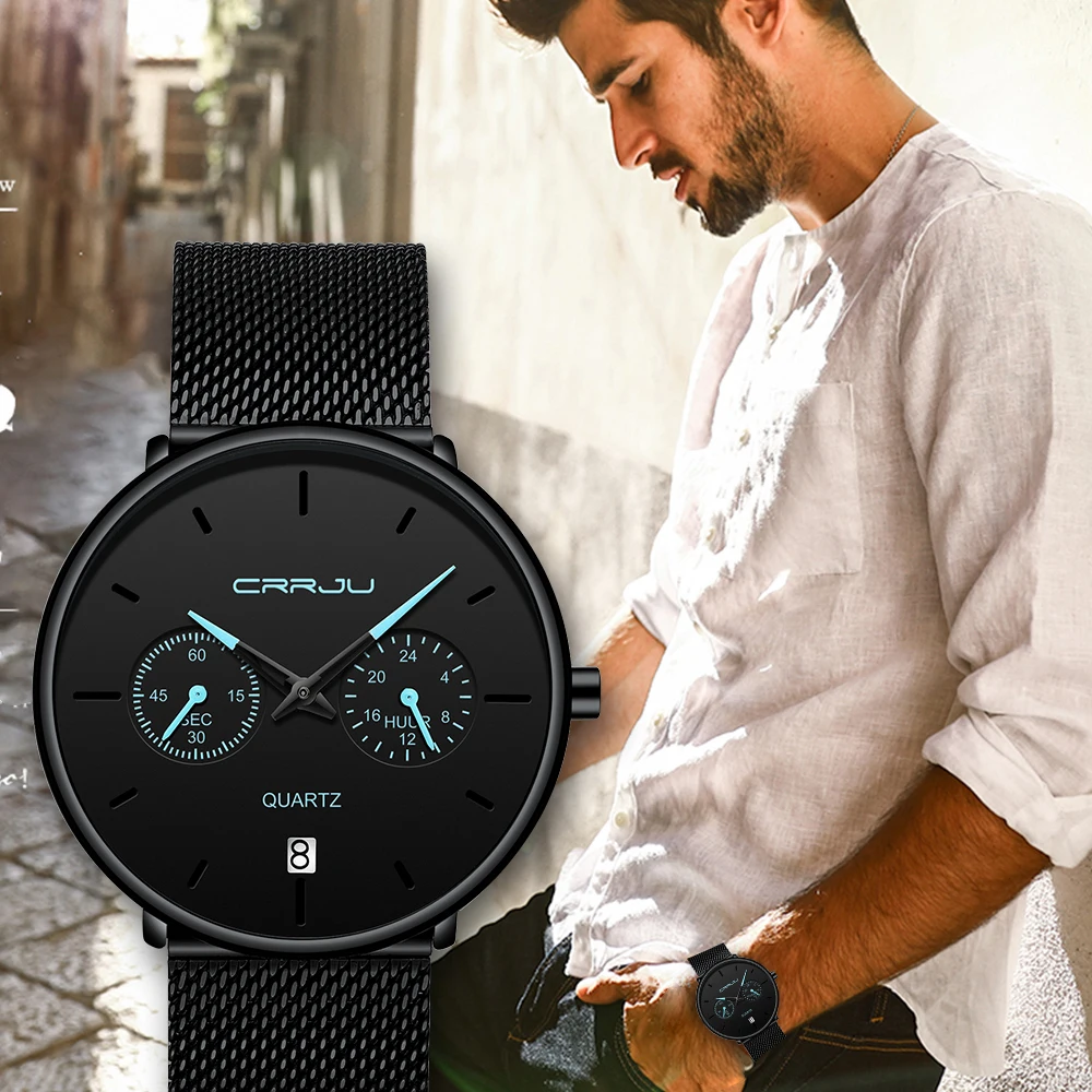 

Mens Watches CRRJU Casual Waterproof Watch for Man Sport Quartz Watch Men's watch Calendar Watch Relogio Masculino