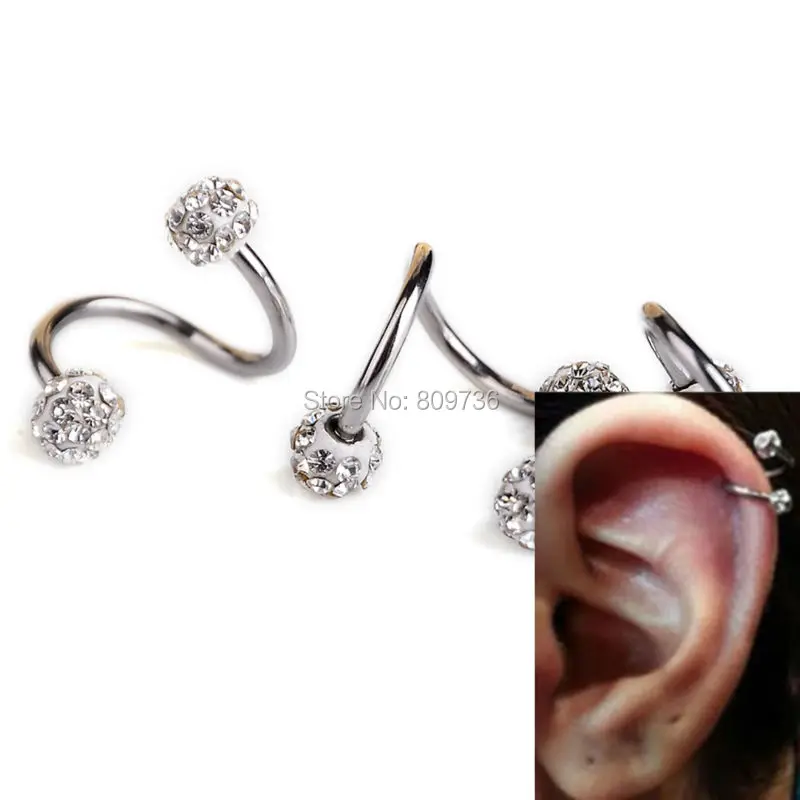 18G Gauge Surgical Steel Crystal Double Balls Twisted Helix Ear