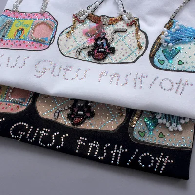 

Women 2017 Summer Short Sleeve Sequined beaded bag Print T shirts Fashion slim WhiteTop Tees Women Designer Clothi