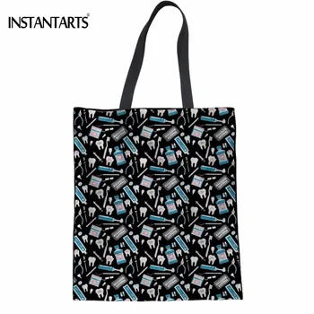 

INSTANTARTS Funny Cartoon Dentist Equipment/Teeth Pattern Woman Cotton Shopping Bags Casual Big Tote Bags Girls Reusable Eco Bag