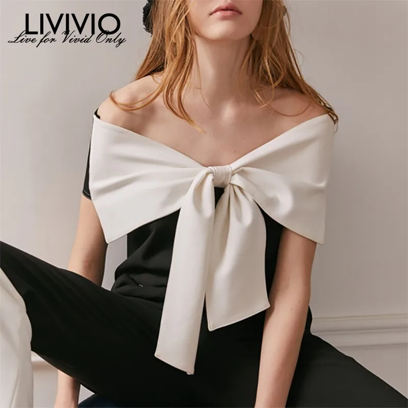 

[LIVIVIO] Bowknot Patchwork Shirt For Women Slash Neck Off Shoulder Top Blouse Female Fashion Elegant Summer 2019 New