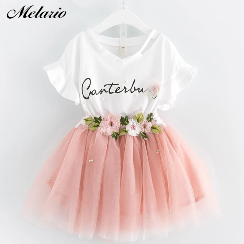 Girls Dress 2018 Brand Kids Clothes Butterfly Sleeve Letter T-shirt+Floral Voile Dress...