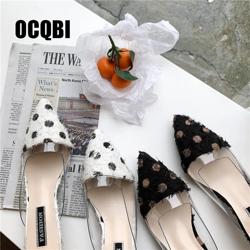 

Women Summer High Heels Mules Slippers Ladies Pointed Toe PVC Transparent Outside White Black Dot Shoes Woman Fashion Footwear