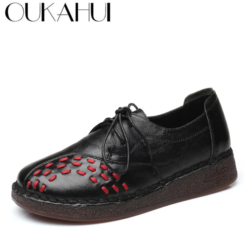 

OUKAHUI Spring Genuine Leather Black Lace Up Flat Shoes Woman Casual Vintage Low Heel 3cm Autumn Soft Sole Handmade Flats Woman