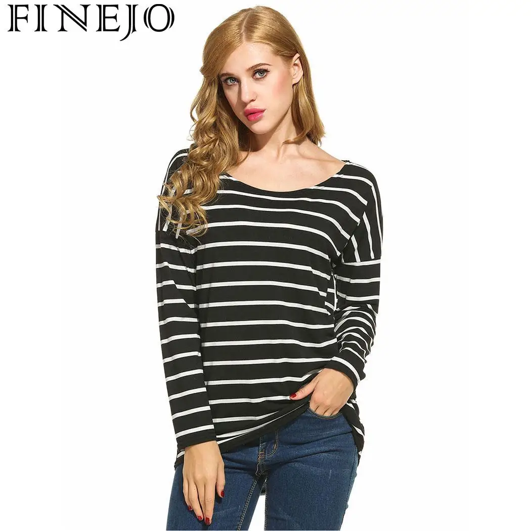 FINEJO Casual Female Shirt 2018 Women Top shirt Autumn Spring T-shirt Loose Striped O-Neck Long Sleeve Leisure Women T-shirts Tops